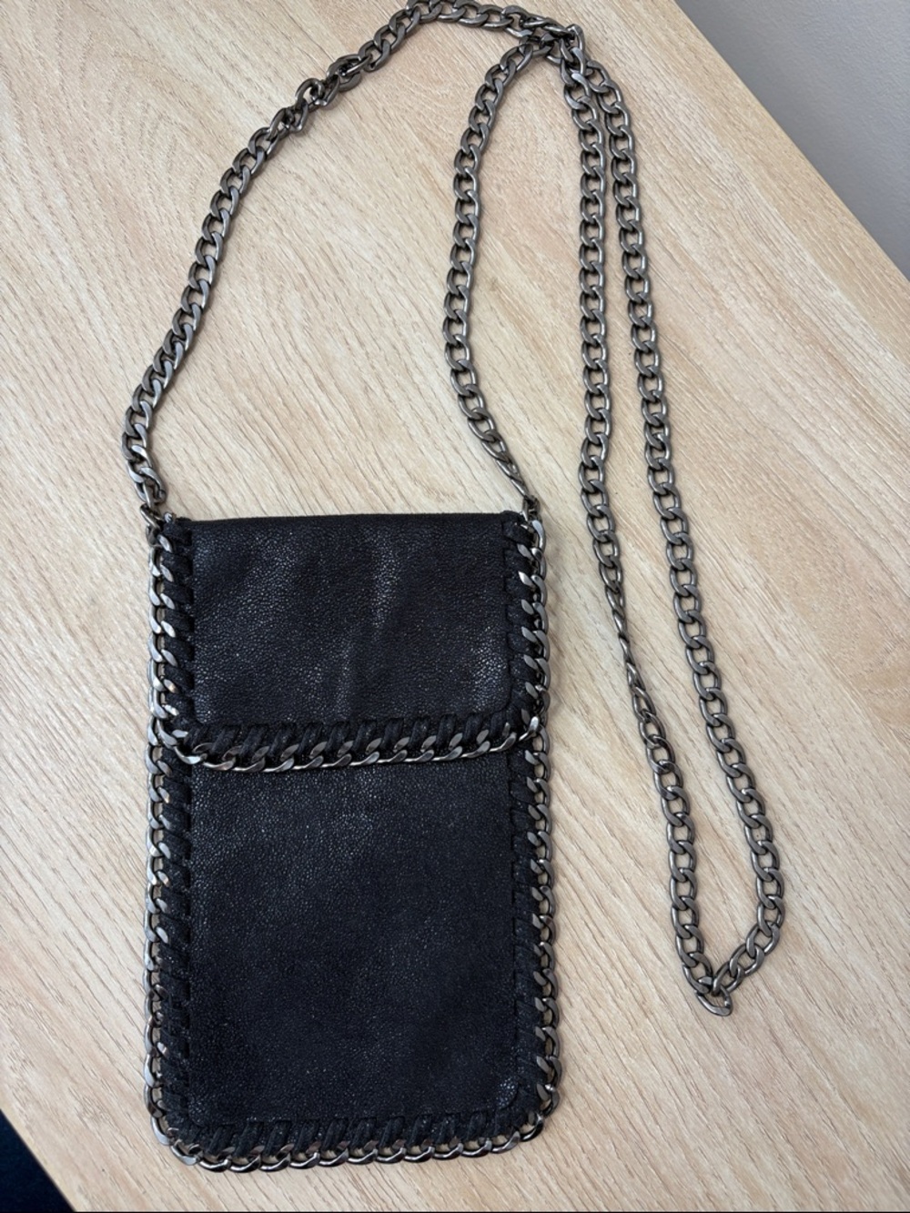 Black Chain Trim Phone Crossbody Bag | Edgy Faux Leather Mini Pouch | Festival